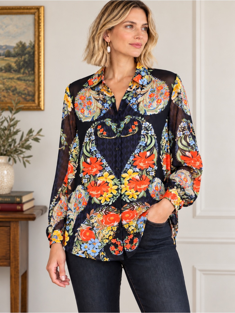 Cabi Amour Blouse 3072 Sheer Floral Paisley Chiffon Boho Statement L